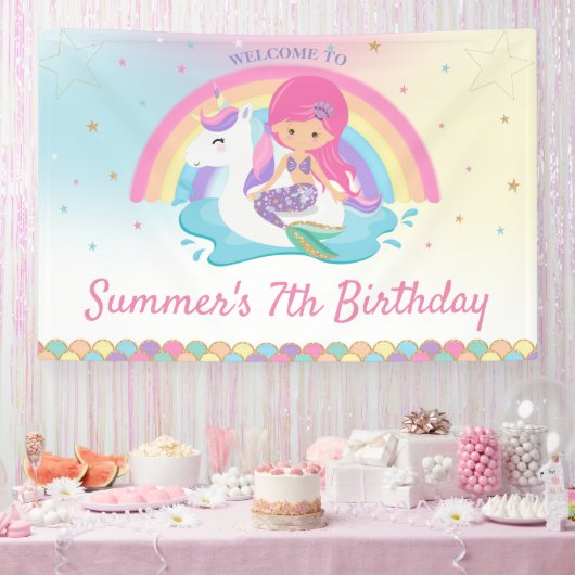 Mermaid and Unicorn Pool Birthday Welcome Spandoek (Feest)