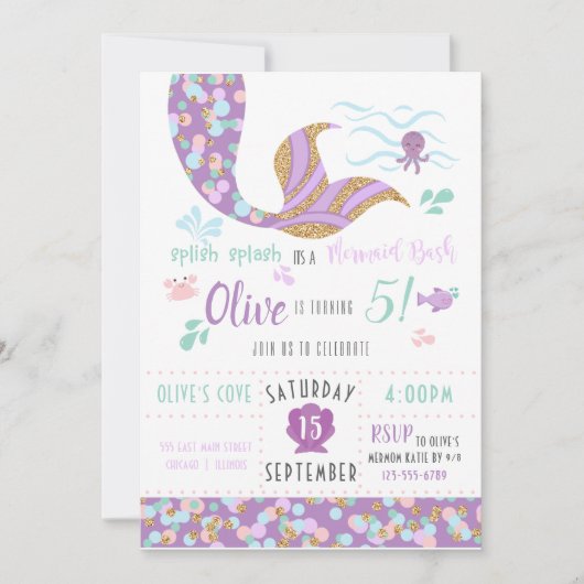 Mermaid Anniversaire Fête Invitation Purple & Gold (Devant)