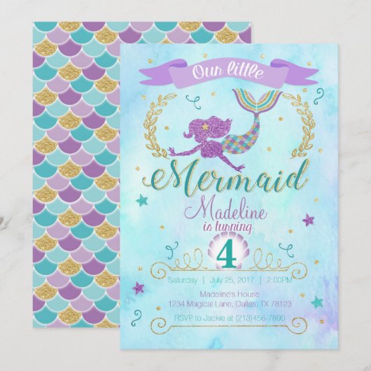 Mermaid Anniversaire Fête Invitation Purple Turquo (Devant / Derrière)