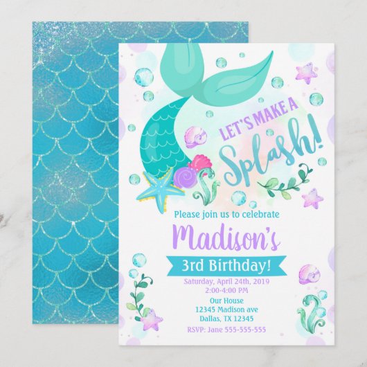 Mermaid Anniversaire Invitation / Piscine Fête (Devant / Derrière)