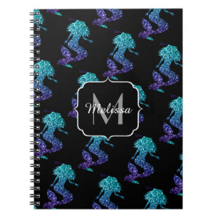 Mermaid aqua blue ombre Sparkles Monogram Notitieboek