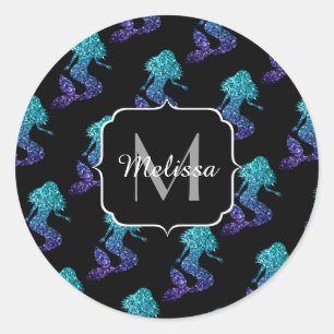 Mermaid aqua blue ombre Sparkles Monogram Ronde Sticker