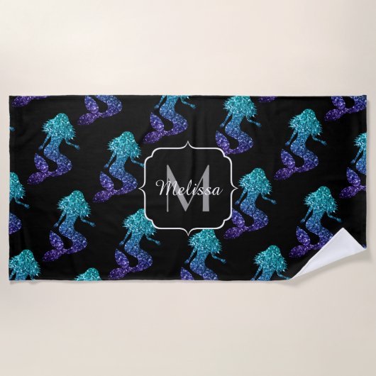 Mermaid aqua blue ombre Sparkles Monogram Strandlaken (Voorkant)