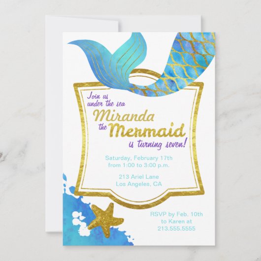Mermaid Aquarelle Or Invitation Anniversaire (Devant)