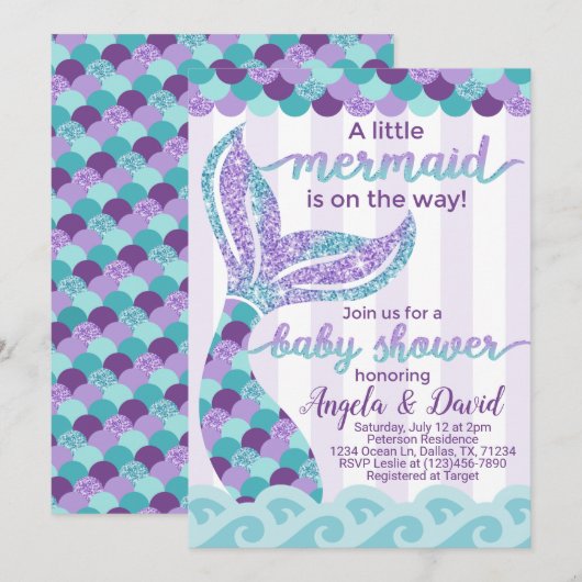 Mermaid Baby shower Invitation Invite Kaart (Voorkant / Achterkant)