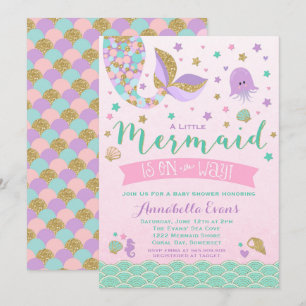 Mermaid Baby shower Invitation Pink Paars Blauwgro Kaart