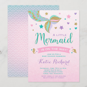 Mermaid Baby shower Invitation Roze Blauwgroen Paa Kaart