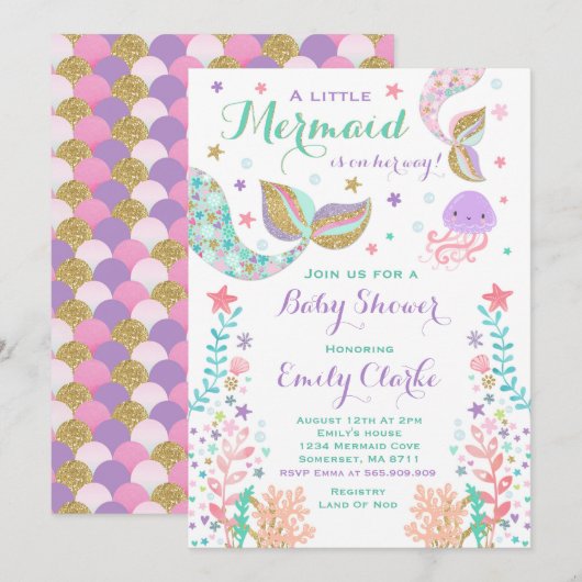 Mermaid Baby shower Invitation Roze Gouden Douche Kaart (Voorkant / Achterkant)