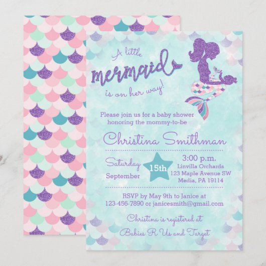 Mermaid Baby Shower Invitations for a Baby Girl (Devant / Derrière)