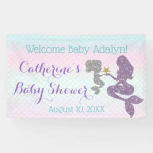 Mermaid Baby shower Paarse Blauwgroen achtergrond  Spandoek