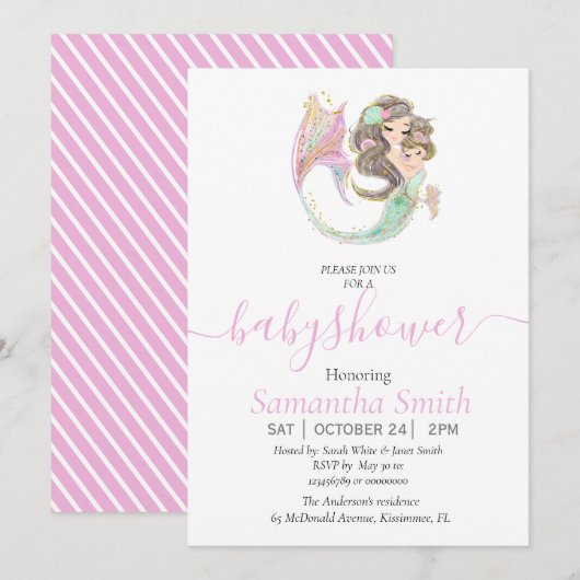 MERMAID BABY SHOWER SEA PINK Invitation (Devant / Derrière)
