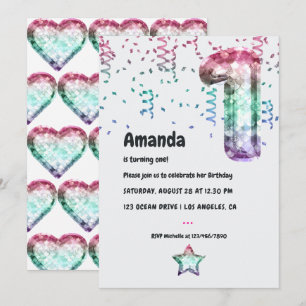 Mermaid Balloon 1st Birthday Uitnodiging