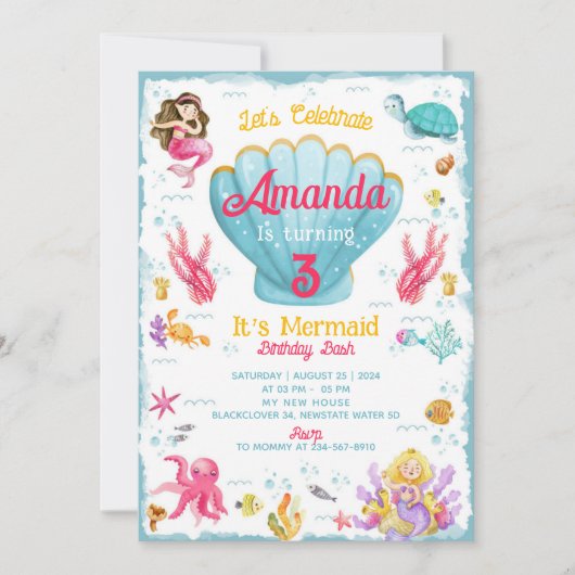 Mermaid Birthday Bash Party Editable Invitation (Devant)