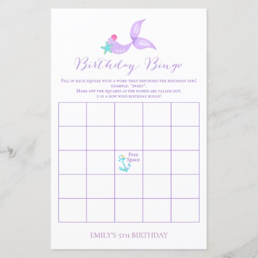 Mermaid Birthday Bingo (Voorkant)