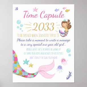 Mermaid Birthday guestbook Time Capsule sign Girl Poster