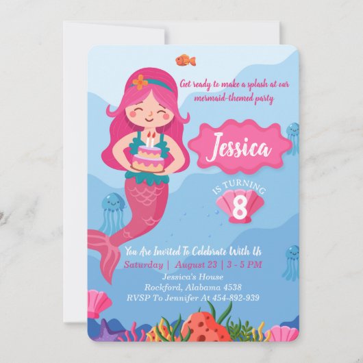 Mermaid Birthday Invitation, Editable Invitation Kaart (Voorkant)
