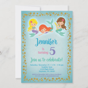 Mermaid Birthday Invitation - Girls Blue Gold Kaart
