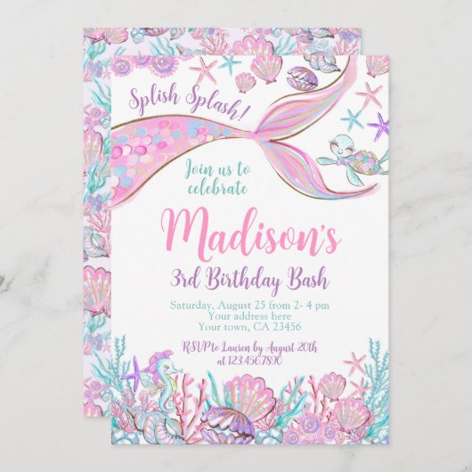 Mermaid Birthday Invitation Kaart (Voorkant / Achterkant)