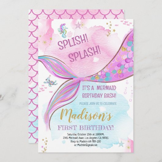 Mermaid Birthday Invitation Kaart (Voorkant / Achterkant)