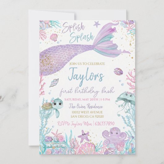 Mermaid Birthday Invitation Sjabloon. Bewerkbare I Kaart (Voorkant)