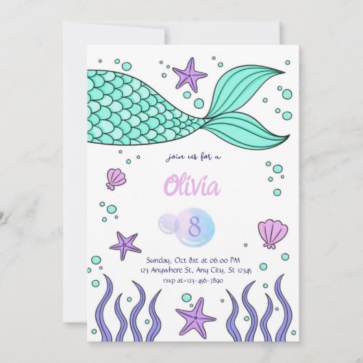 Mermaid Birthday invitation template tail invite (Devant)