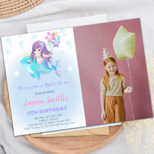 Mermaid Birthday Invitations with dolphin w foto Kaart
