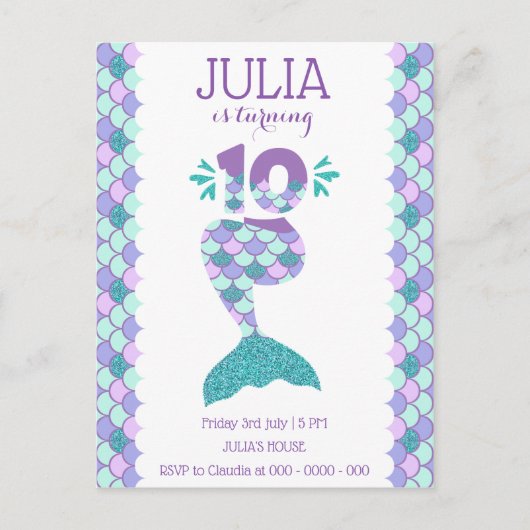 Mermaid Birthday Mermaid Number 10 Uitnodiging Briefkaart (Voorkant)