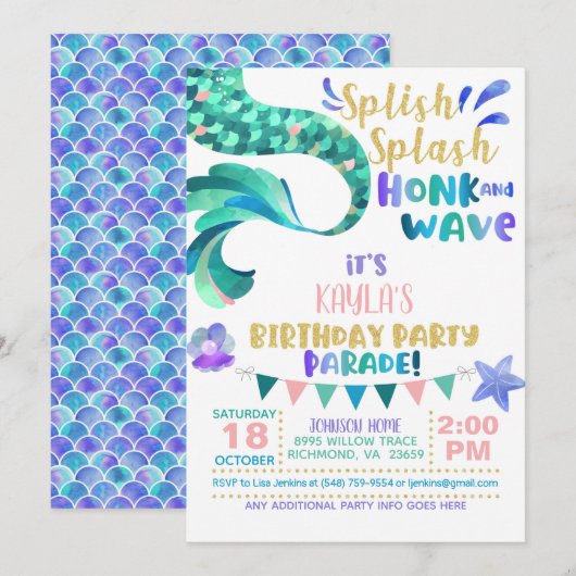 Mermaid Birthday Parade Invitation Kaart (Voorkant / Achterkant)