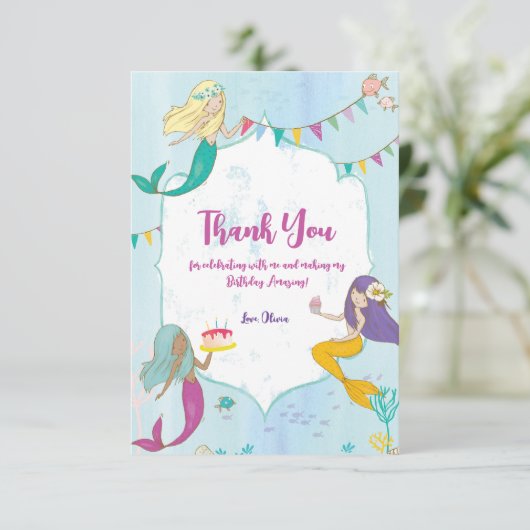 Mermaid Birthday Party Bedankkaart (Staand voorkant)