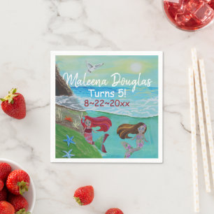 Mermaid Birthday Party, Cute Red Turquoise Ocean Servet