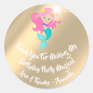 Mermaid Birthday Party Favor Pink Spark Gold Ronde Sticker