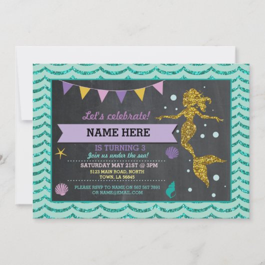 Mermaid Birthday Party Gold Glitter Zee Invitation Kaart (Voorkant)
