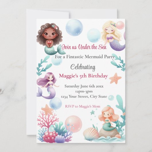 Mermaid Birthday Party Invitation for Girls (Devant)