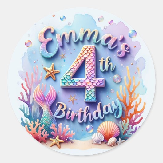 Mermaid Birthday Party Sticker Emma - 4th Birthday (Devant)