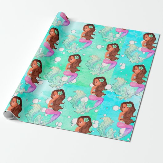 Mermaid Bubbles Blauw roze, donkerbruin Cadeaupapier (Uitgerold)