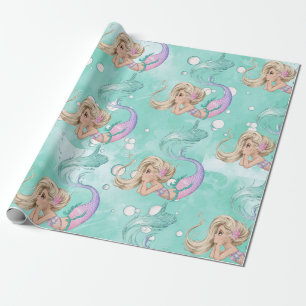 Mermaid Bubbles Cute Pink Blue Gift Cadeaupapier