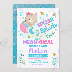 Mermaid Cat Birthday Invitation, Kitten Pool Party Kaart