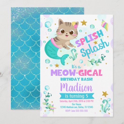 Mermaid Cat Birthday Invitation, Kitten Pool Party Kaart (Voorkant / Achterkant)