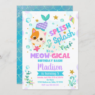 Mermaid Cat Birthday Invitation, Kitten Pool Party Kaart