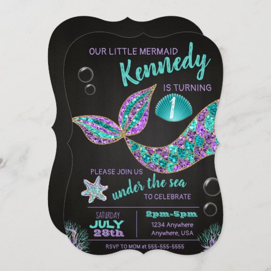 Mermaid Chalkboard invitation d'anniversaire, part (Devant / Derrière)