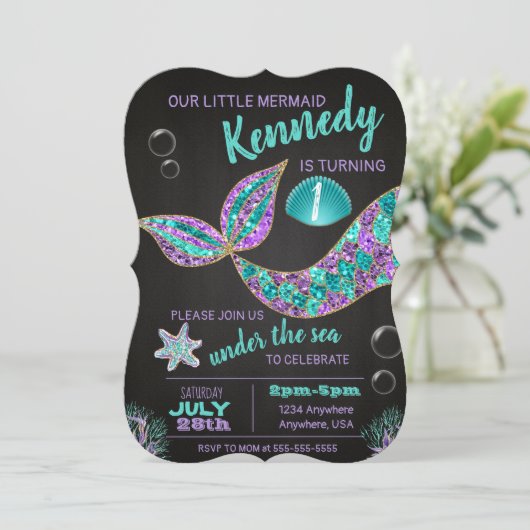 Mermaid Chalkboard invitation d'anniversaire, part (Debout devant)