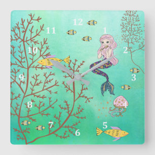 Mermaid Clock Green Zee Vierkante Klok