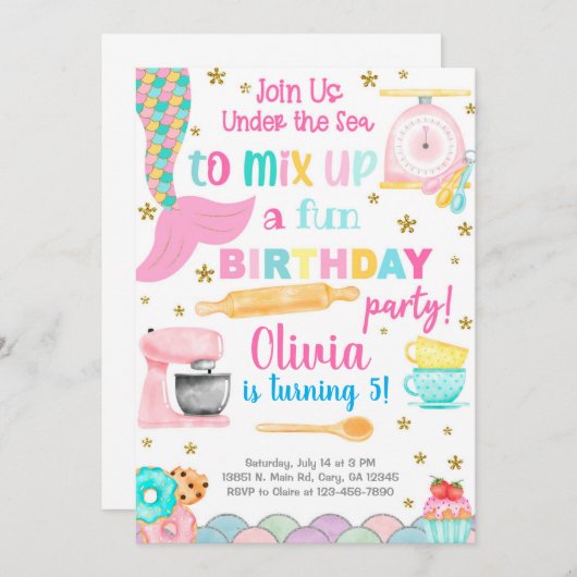 Mermaid & cuisine de cuisson fille invitation anni (Devant / Derrière)