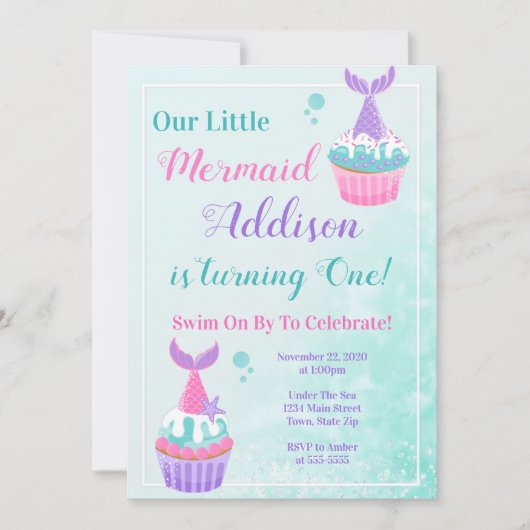 Mermaid Cupcake Birthday Invitation Mermaid Party (Devant)
