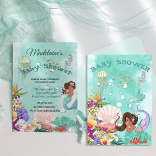 Mermaid Dark Hair Baby shower Cute Green Kaart