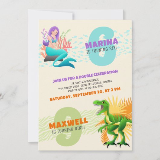 Mermaid Dinosaur Joint Double Invitation Anniversa (Devant)