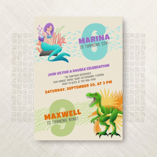 Mermaid Dinosaur Joint Double Invitation Anniversa