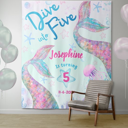 Mermaid dive into five 5th birthday welcome large wandkleed