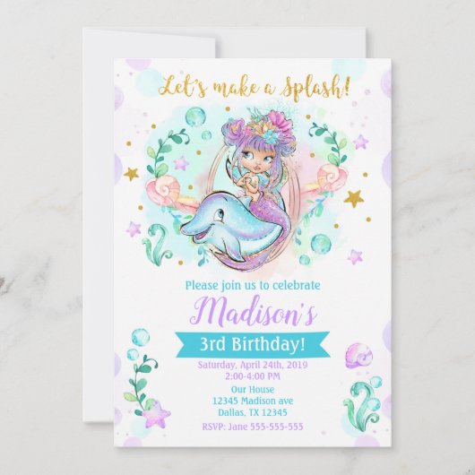 Mermaid en Dolfijn Verjaardag Uitnodiging (Voorkant)