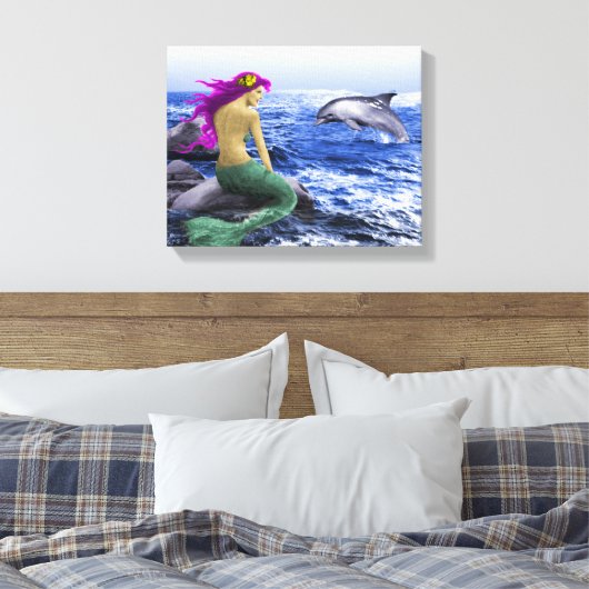 Mermaid en Dolphin Canvas Afdruk (Insitu (Slaapkamer))